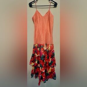 Vintage 80s Coral Party Dress w/ Tiered Floral Skirt Size 4/6